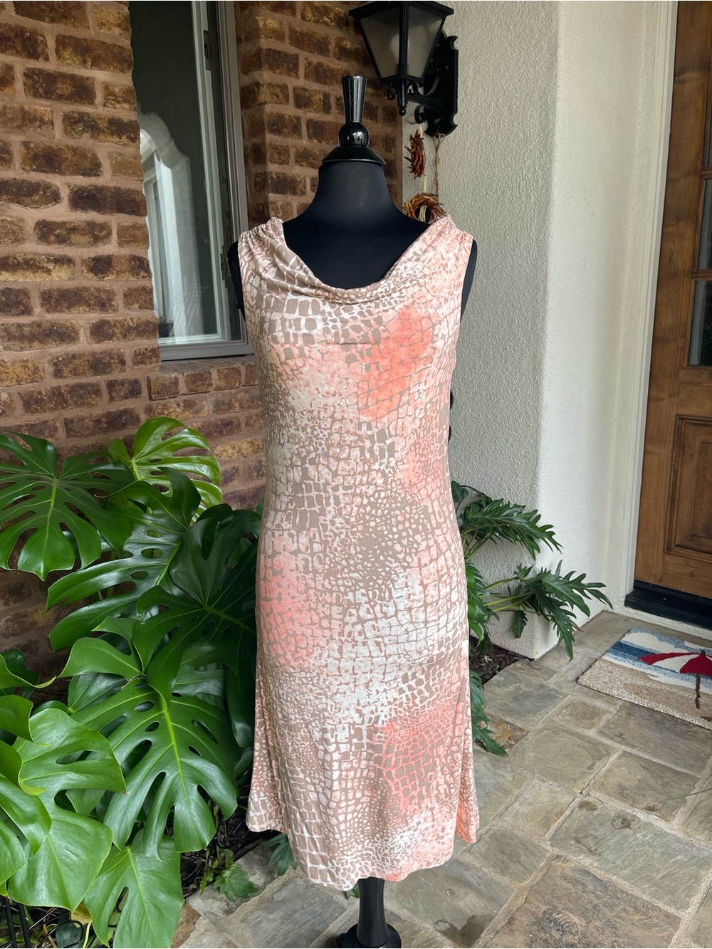 Tommy Bahama Coral & Beige Textured Cowl Neck Midi Dress